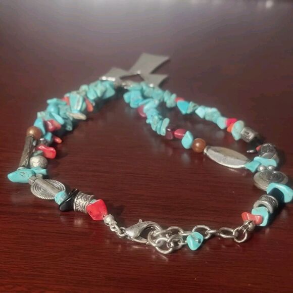 Southwestern Navajo Turquoise Double Strand Necklace Pewter Ankh Pendant Heart - Picture 6 of 12